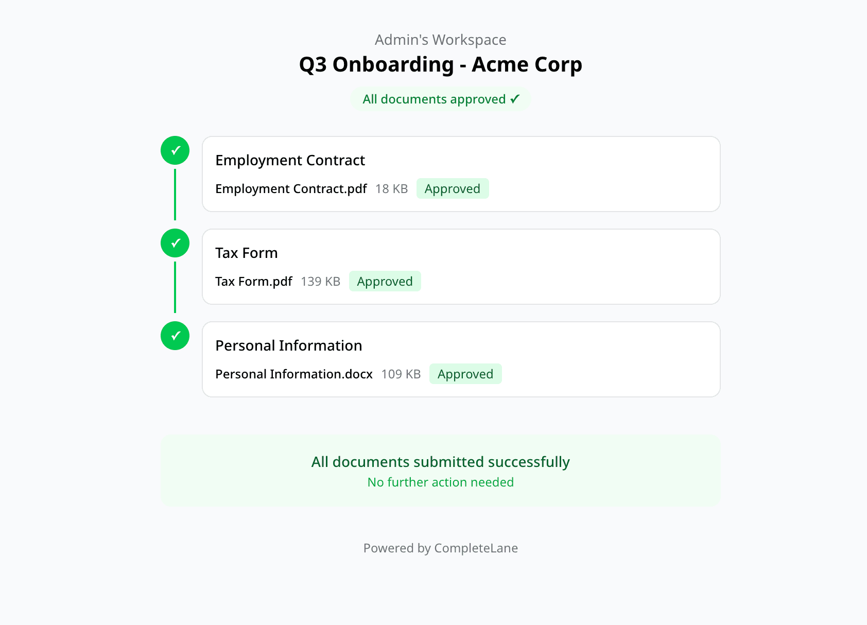 Document request portal mockup showing a checklist of items